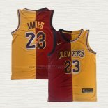 Maglia LeBron James NO 23 Cleveland Cavaliers Los Angeles Lakers Split Rosso Giallo