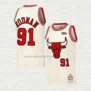 Maglia Dennis Rodman NO 91 Chicago Bulls Mitchell & Ness Chainstitch Crema