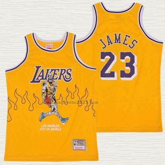 Maglia LeBron James NO 23 Los Angeles Lakers Hardwood Classics Skull Edition Giallo